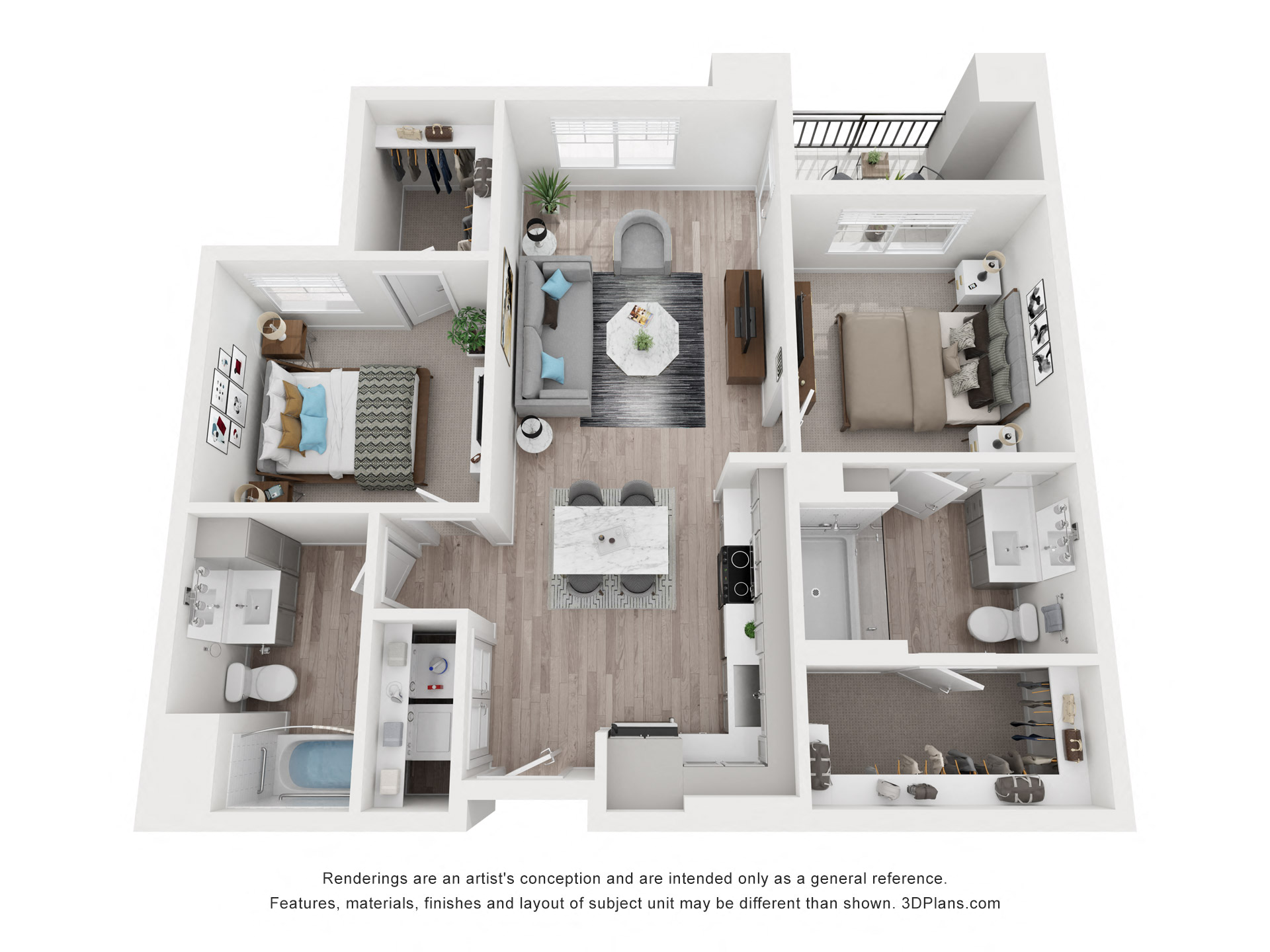 Floor plan for 2 beds, 2 baths, 935 sqft